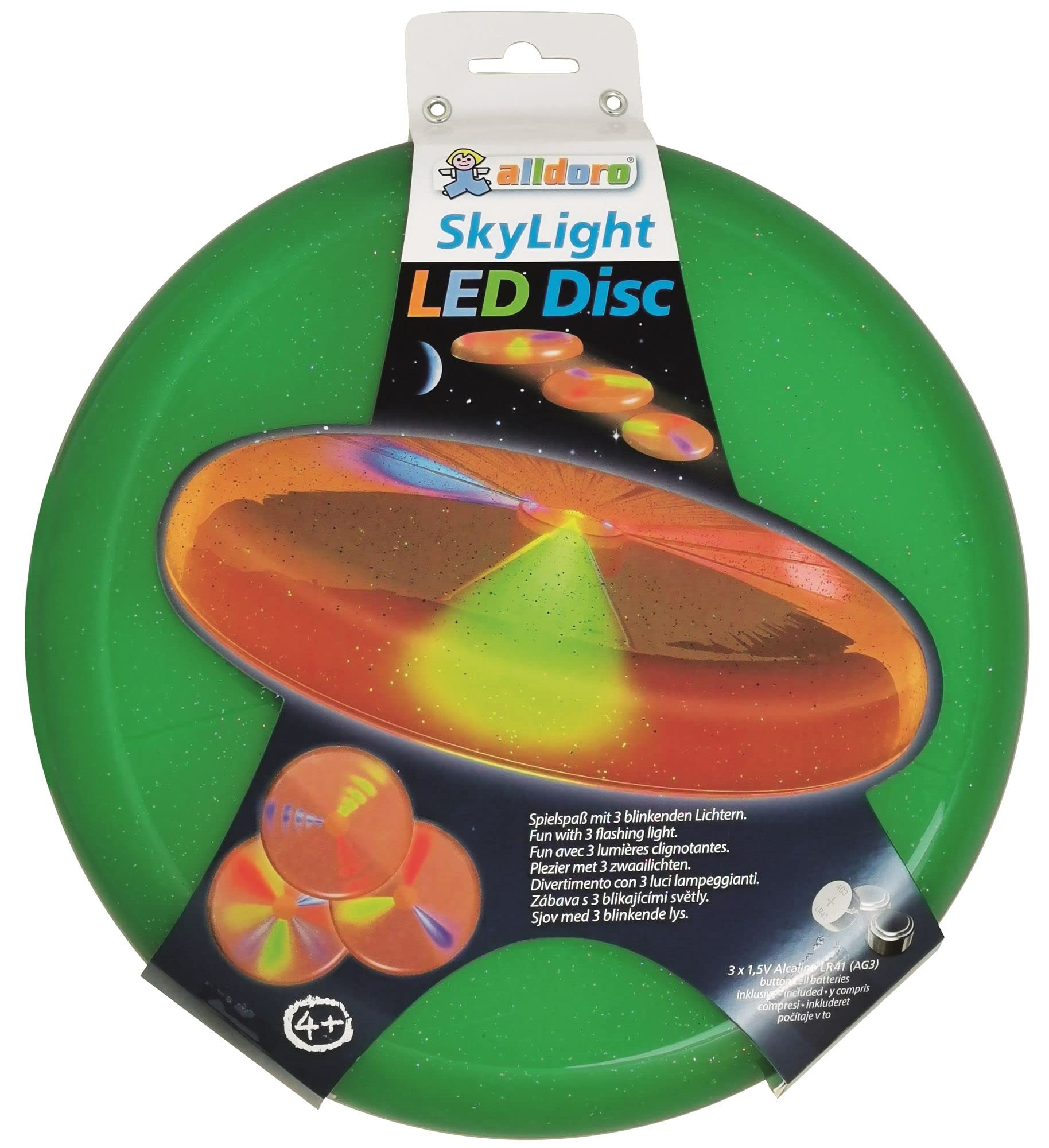Alldoro 63017 Sky Light Disc - Frisbeescheibe mit 3 LEDs für Strand & Garten - Grün - Outdoor-Wurfspiel für Kinder ab 4 