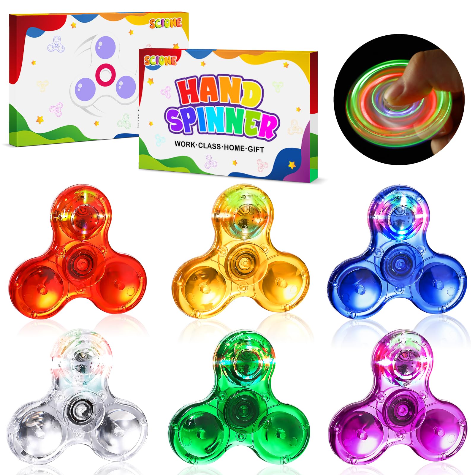 SCIONE 6 Stück Kristall LED Licht Fidget Spinner für Kinder und Erwachsene, 5.7CM Mini LED Light up Fidget Spielzeug für